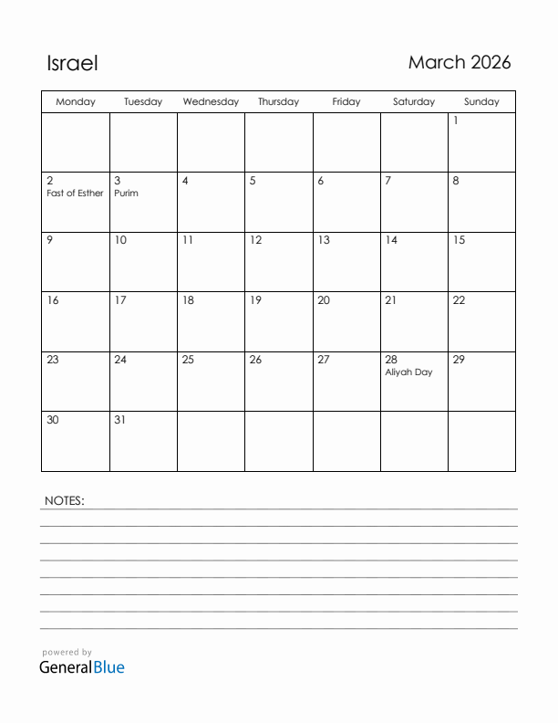 March 2026 Israel Calendar with Holidays (Monday Start)
