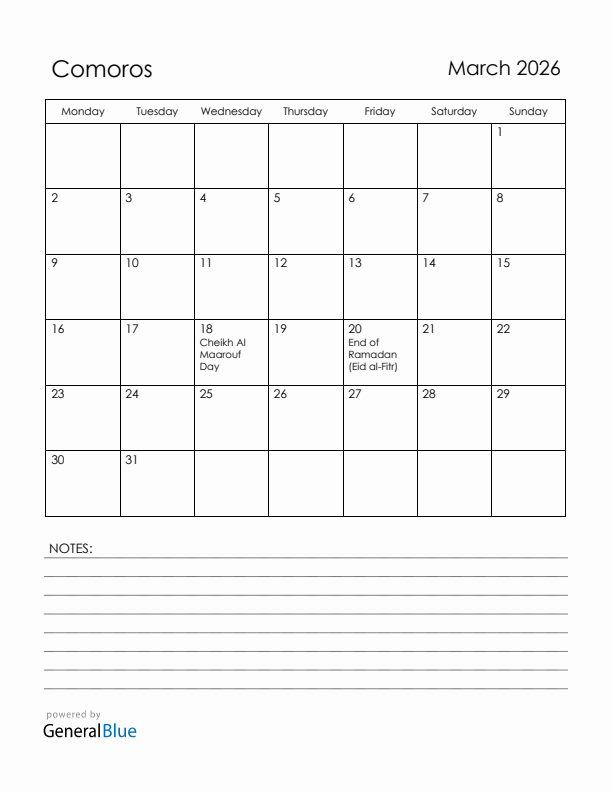 March 2026 Comoros Calendar with Holidays (Monday Start)