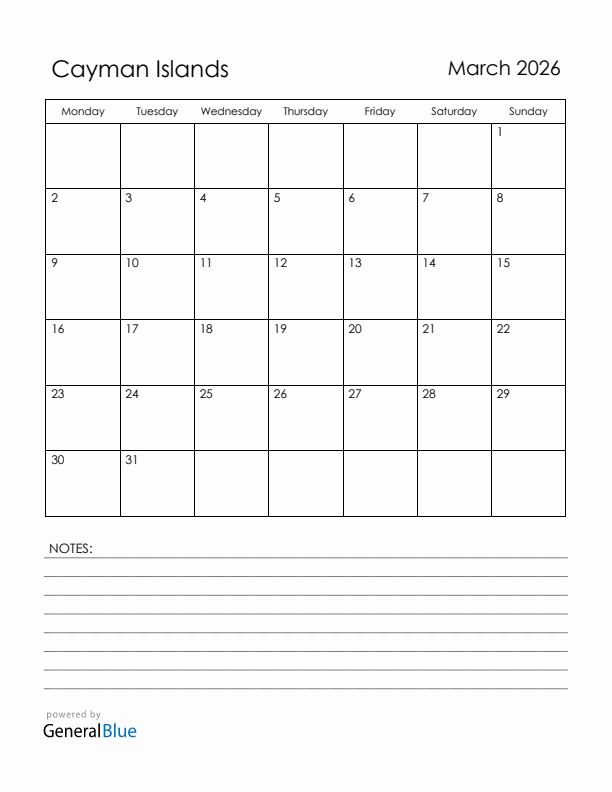 March 2026 Cayman Islands Calendar with Holidays (Monday Start)