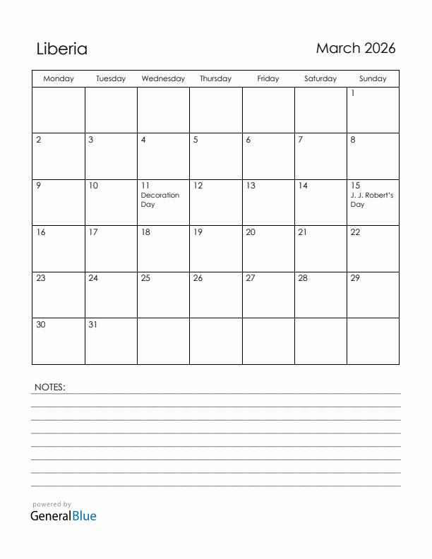 March 2026 Liberia Calendar with Holidays (Monday Start)