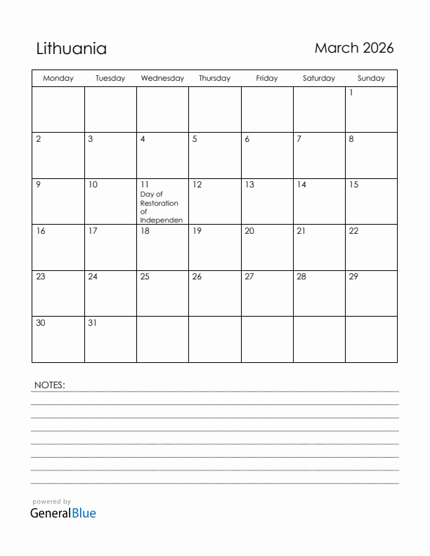 March 2026 Lithuania Calendar with Holidays (Monday Start)