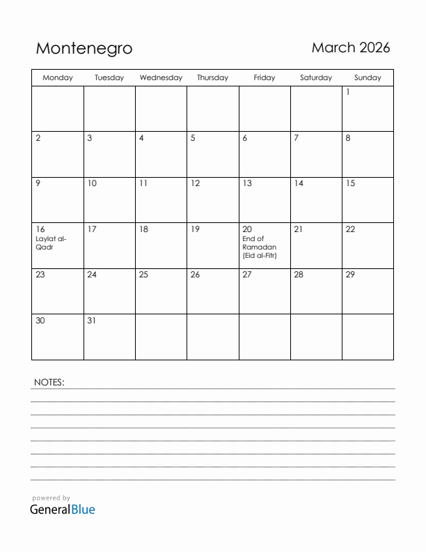 March 2026 Montenegro Calendar with Holidays (Monday Start)