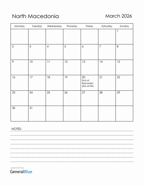 March 2026 North Macedonia Calendar with Holidays (Monday Start)