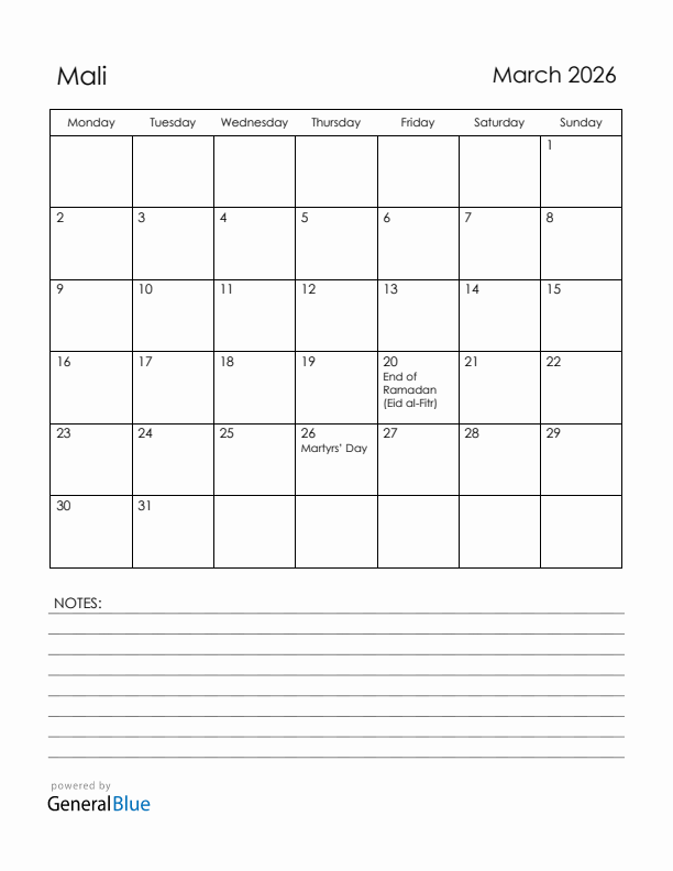 March 2026 Mali Calendar with Holidays (Monday Start)