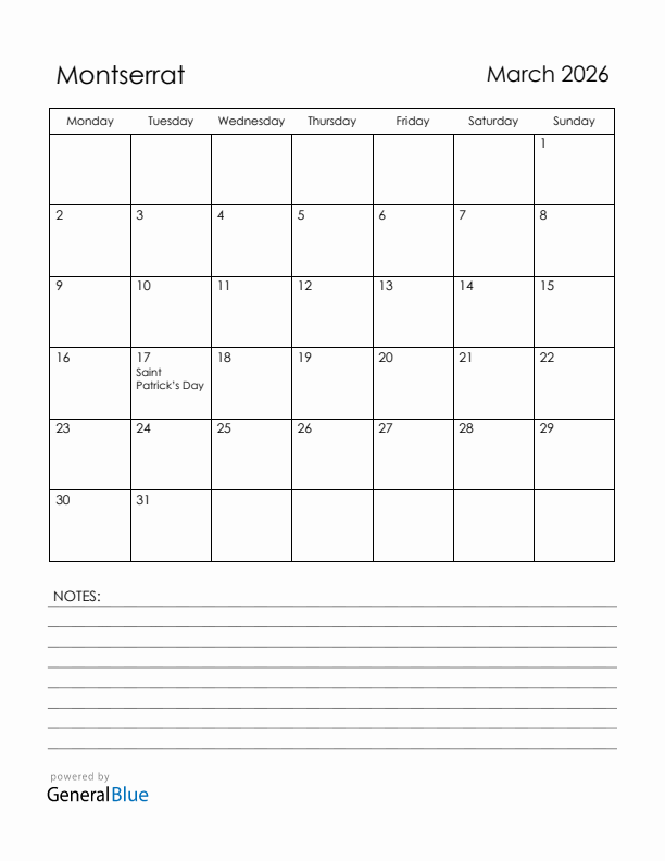 March 2026 Montserrat Calendar with Holidays (Monday Start)