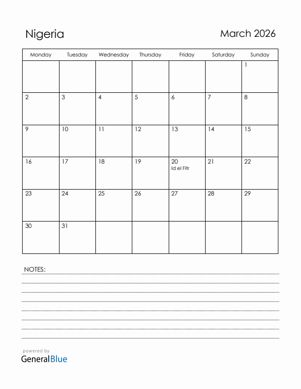 March 2026 Nigeria Calendar with Holidays (Monday Start)