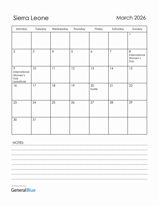 March 2026 Sierra Leone Calendar with Holidays (Monday Start)