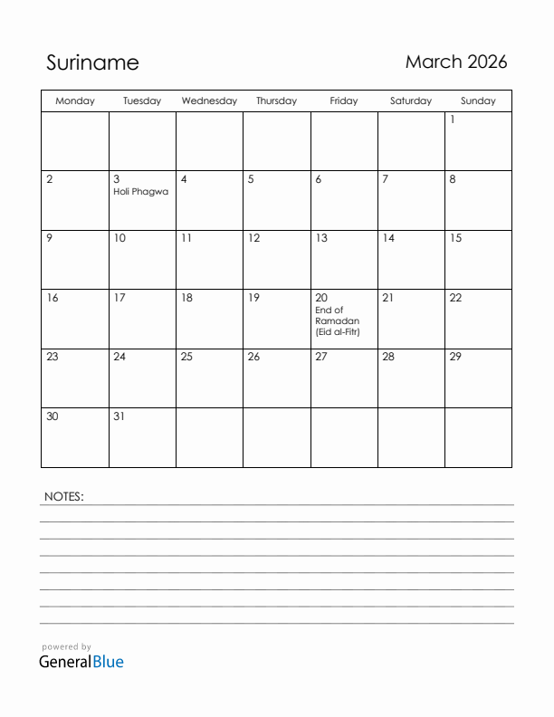 March 2026 Suriname Calendar with Holidays (Monday Start)