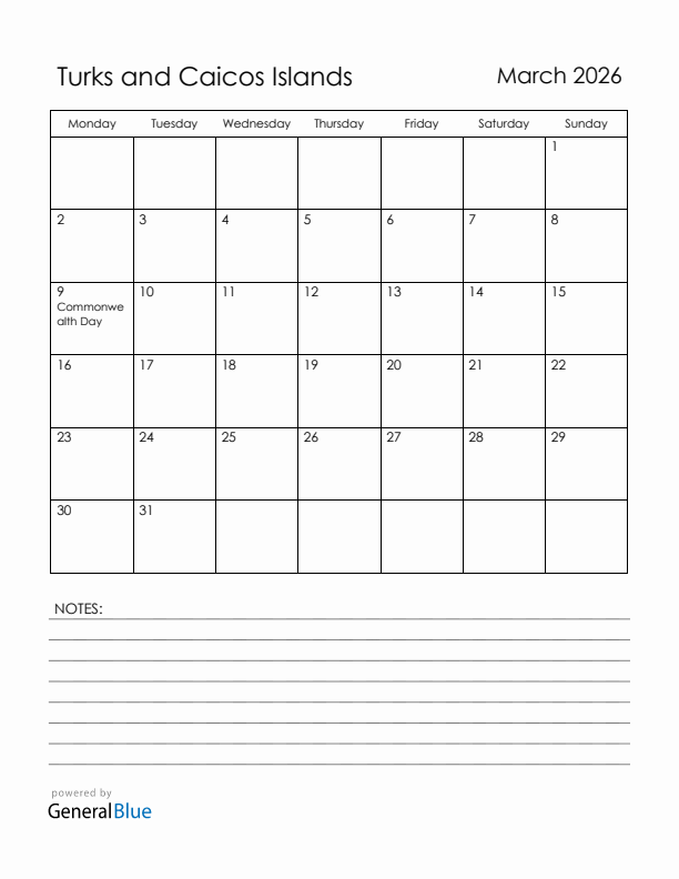 March 2026 Turks and Caicos Islands Calendar with Holidays (Monday Start)