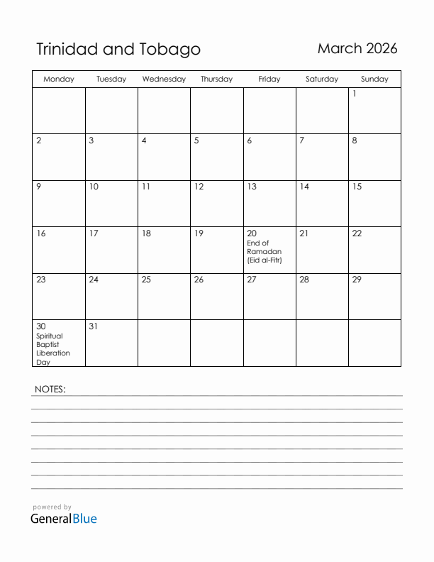 March 2026 Trinidad and Tobago Calendar with Holidays (Monday Start)