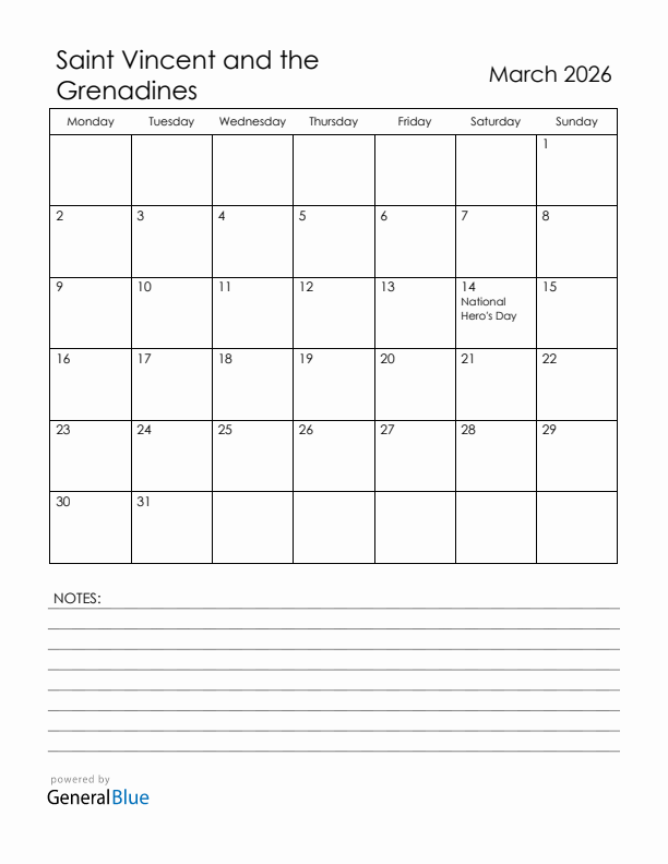 March 2026 Saint Vincent and the Grenadines Calendar with Holidays (Monday Start)
