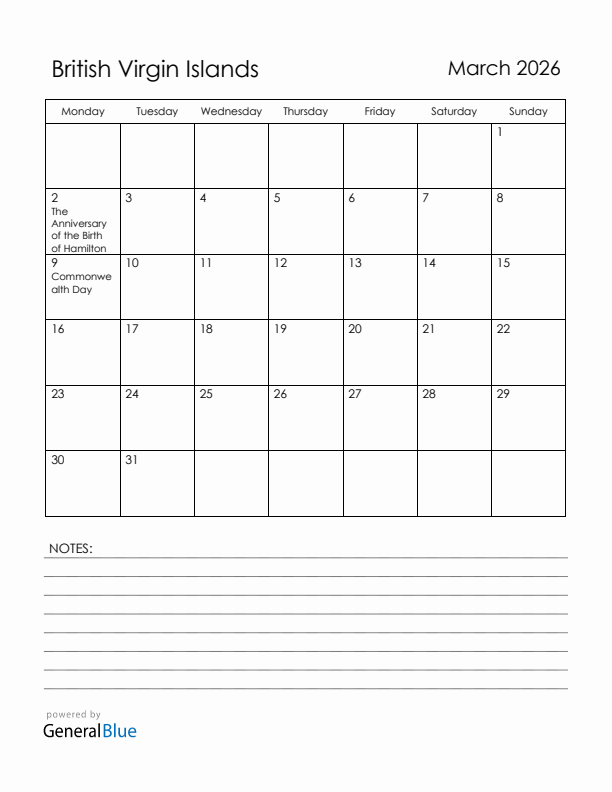 March 2026 British Virgin Islands Calendar with Holidays (Monday Start)