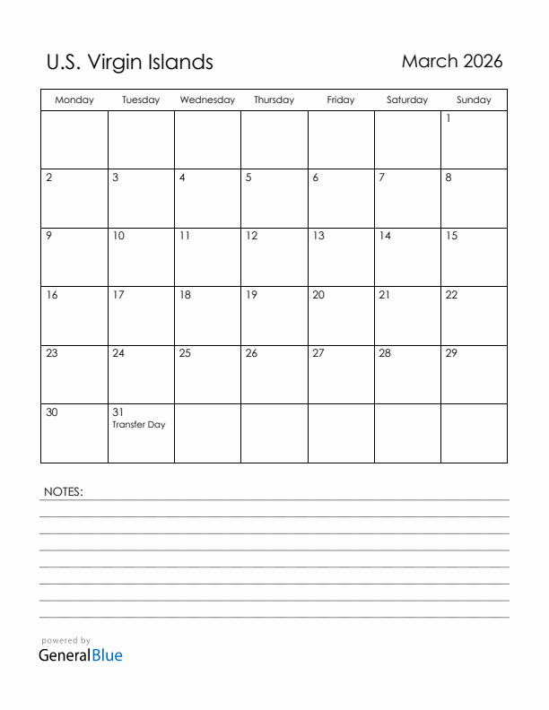 March 2026 U.S. Virgin Islands Calendar with Holidays (Monday Start)
