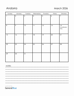 Current month calendar with Andorra holidays for March 2026