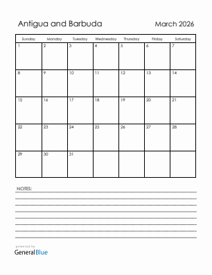 Current month calendar with Antigua and Barbuda holidays for March 2026