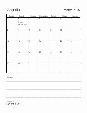 Current month calendar with Anguilla holidays for March 2026