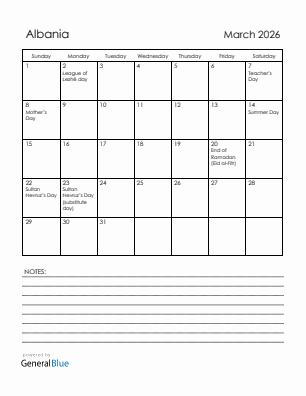 Current month calendar with Albania holidays for March 2026