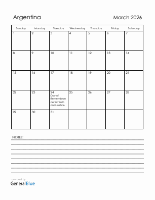 Current month calendar with Argentina holidays for March 2026