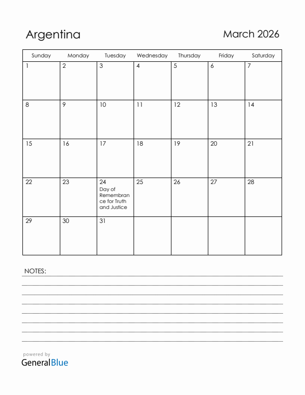 March 2026 Argentina Calendar with Holidays (Sunday Start)