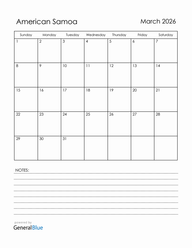 March 2026 American Samoa Calendar with Holidays (Sunday Start)