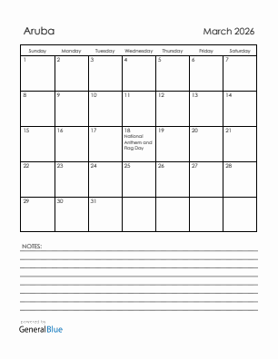 Current month calendar with Aruba holidays for March 2026