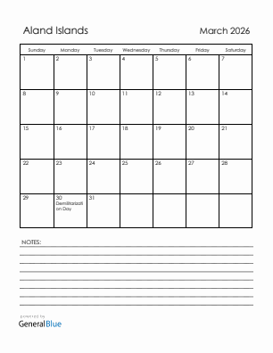 Current month calendar with Aland Islands holidays for March 2026