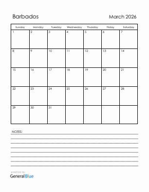 Current month calendar with Barbados holidays for March 2026