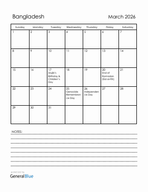 Current month calendar with Bangladesh holidays for March 2026