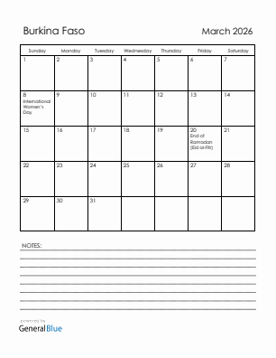 Current month calendar with Burkina Faso holidays for March 2026