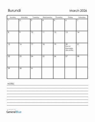 Current month calendar with Burundi holidays for March 2026