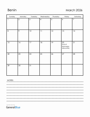 Current month calendar with Benin holidays for March 2026