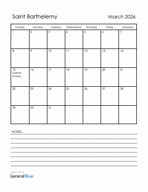 Current month calendar with Saint Barthelemy holidays for March 2026