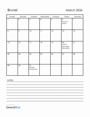 Current month calendar with Brunei holidays for March 2026