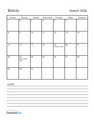 Current month calendar with Bolivia holidays for March 2026