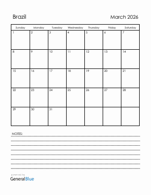 Current month calendar with Brazil holidays for March 2026