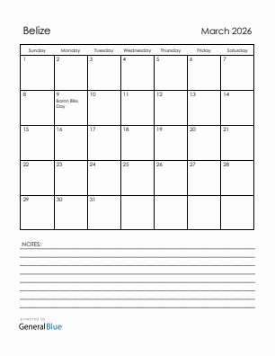 Current month calendar with Belize holidays for March 2026