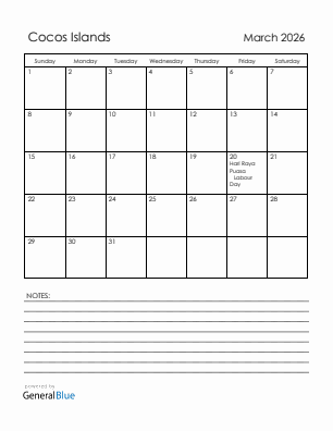 Current month calendar with Cocos Islands holidays for March 2026