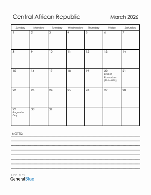 Current month calendar with Central African Republic holidays for March 2026