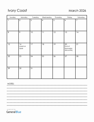 Current month calendar with Ivory Coast holidays for March 2026