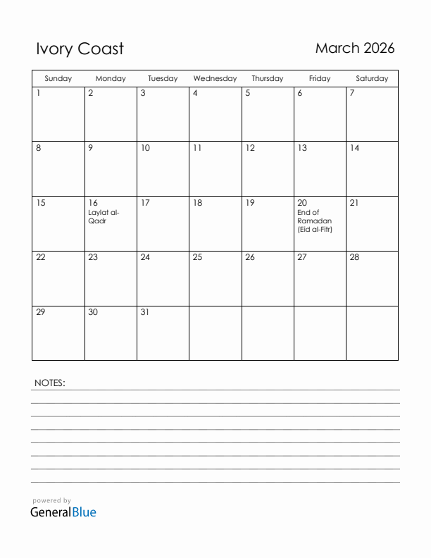 March 2026 Ivory Coast Calendar with Holidays (Sunday Start)