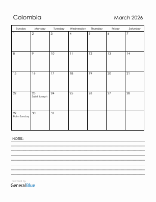 Current month calendar with Colombia holidays for March 2026