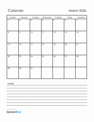 Current month calendar with Curacao holidays for March 2026