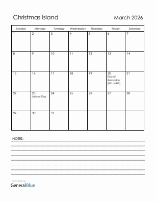 Current month calendar with Christmas Island holidays for March 2026