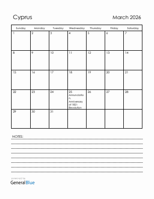 Current month calendar with Cyprus holidays for March 2026