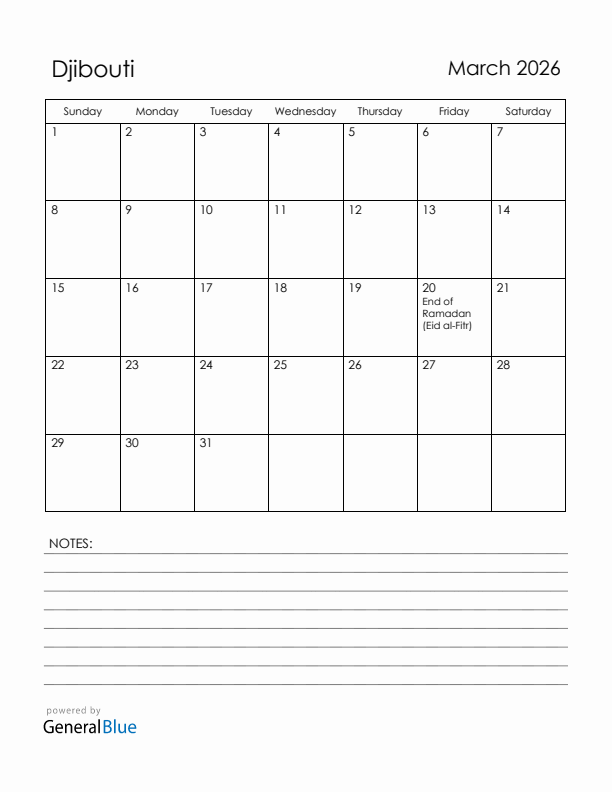 March 2026 Djibouti Calendar with Holidays (Sunday Start)