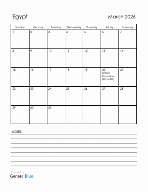 Current month calendar with Egypt holidays for March 2026