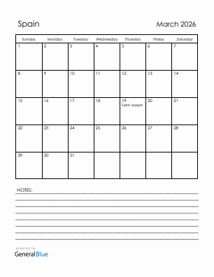 Current month calendar with Spain holidays for March 2026