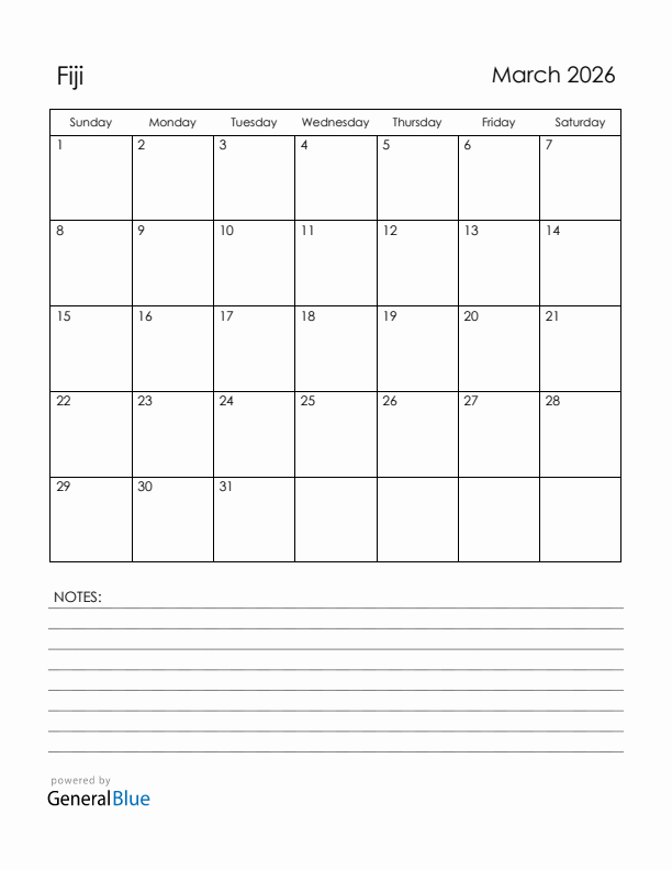 March 2026 Fiji Calendar with Holidays (Sunday Start)