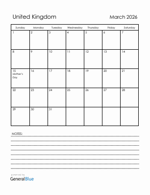 Current month calendar with United Kingdom holidays for March 2026