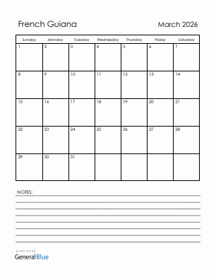 Current month calendar with French Guiana holidays for March 2026